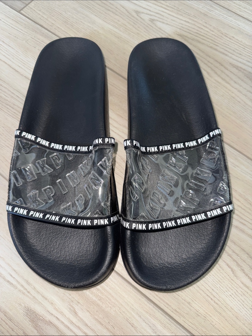 PINK Victoria's Secret Black Clear Logo Slide Sandals